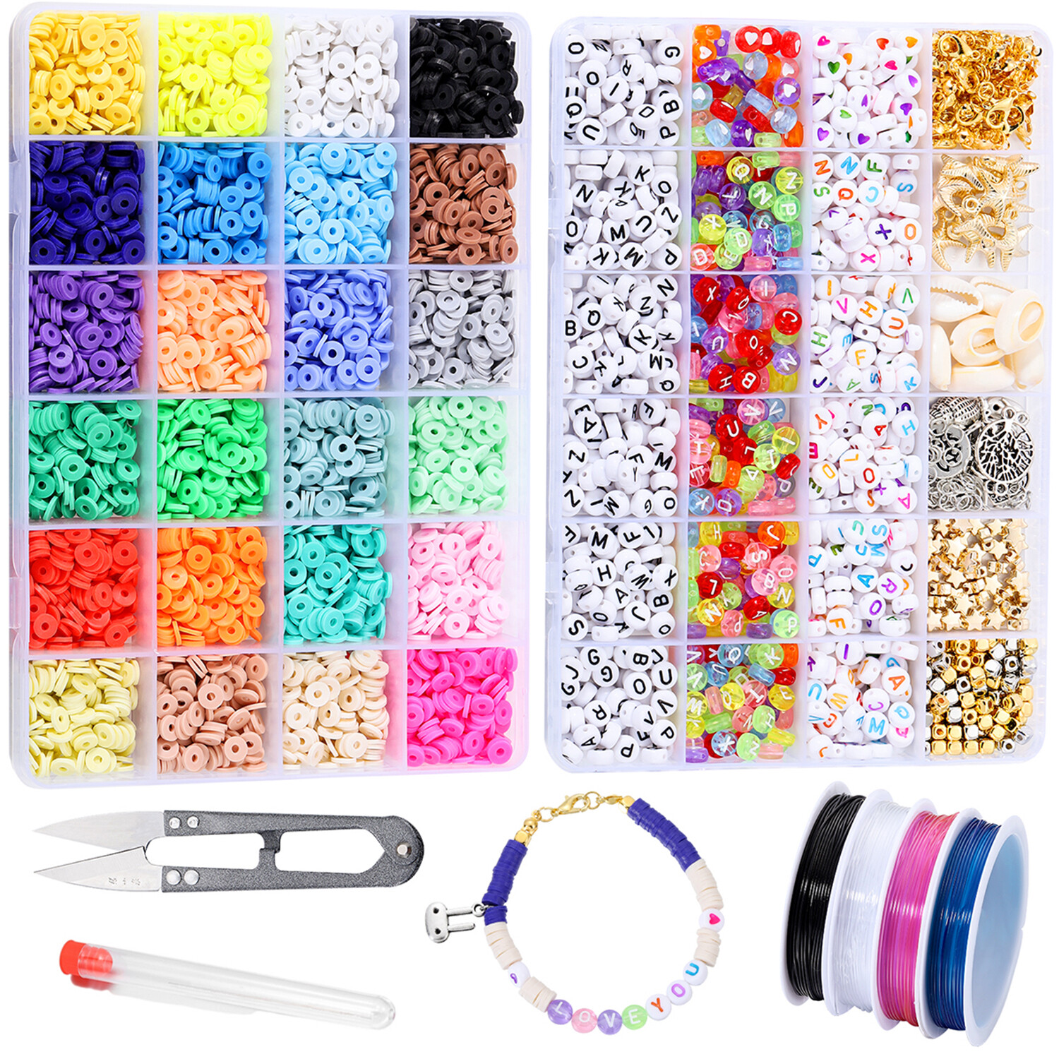 1200PCS DIY Alphabet Letter Beads Jewelry Making Supplies Kit for Bracelets Necklaces Earrings Making With Lobster Clasps Open Jump Rings and Elastic Crystal String DIY Beads Set
