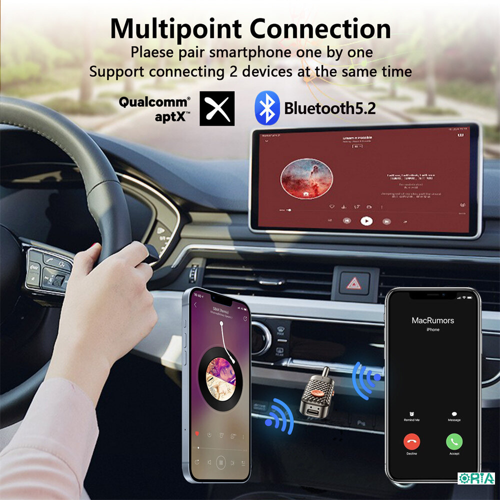 [Latest] ORIA Bluetooth Transmitter Receiver, 2 in 1 Wireless Bluetooth Adapter, Low Latency, Pairs 2 Devices Simultaneously, V5.2 Audio Adapter for PC/Car/Home Stereo System/Headphones