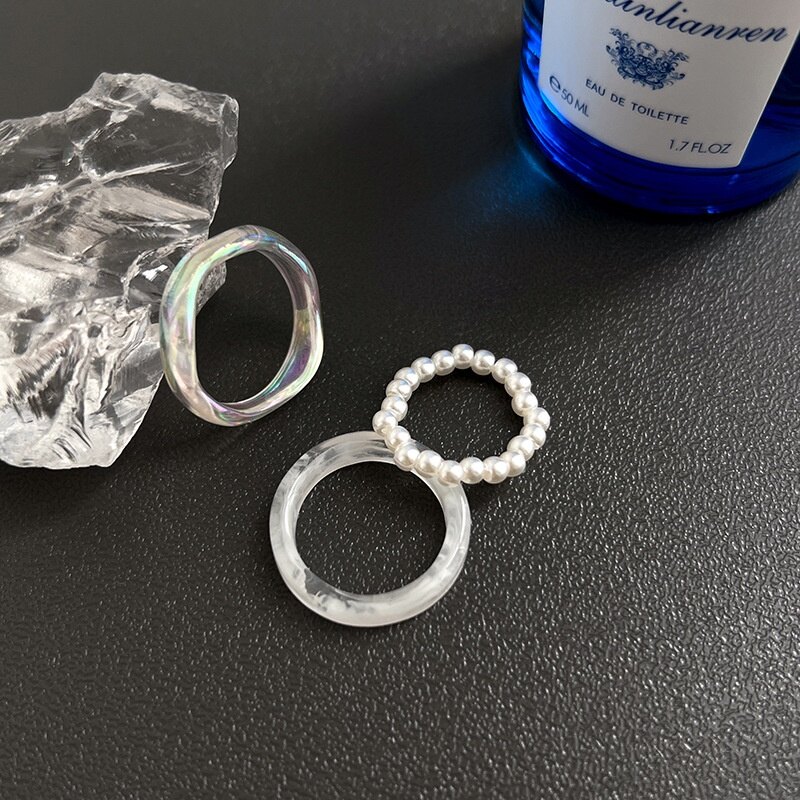 Acrylic Pearl Rings 3 Piece Ladies French Vintage Premium Rings Fashion Statement Rings