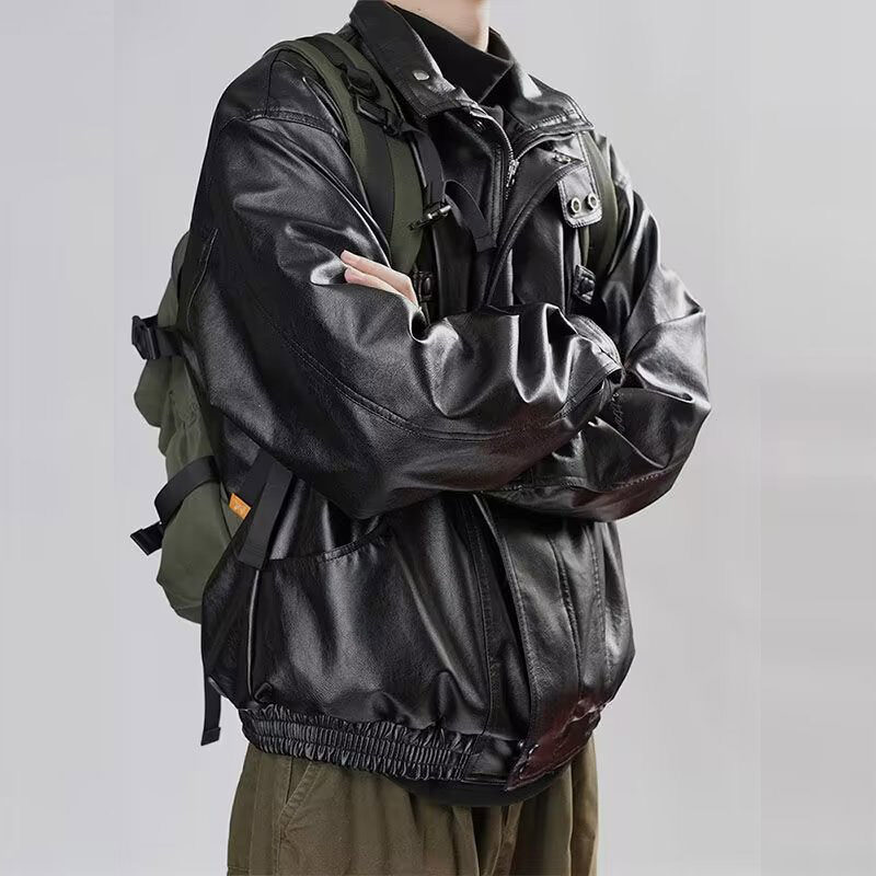 VUNC Men's classic simple oversized cowhide stand collar black leather jacket biker leather jacket