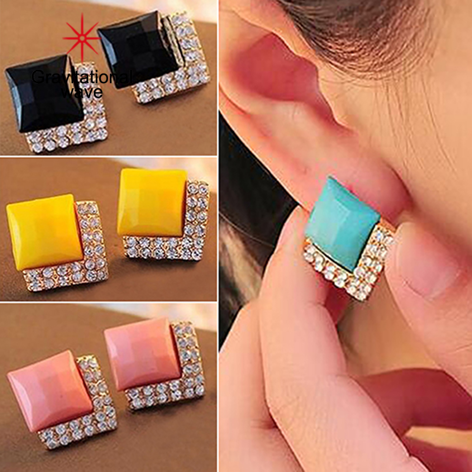Gravitational wave 1 Pair Earrings Shiny Charming Square Women Men Ear Studs for Anniversary