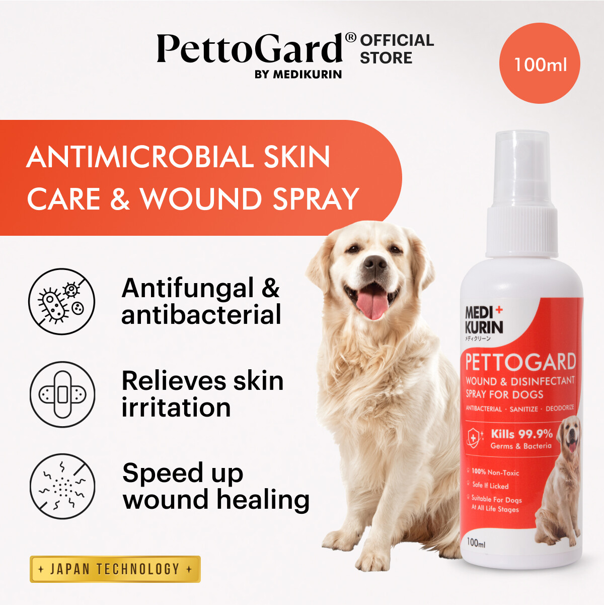 PettoGard Antimicrobial Skin Care Wound Spray for Dogs 100ml Disinfects quick healing for fungal infection allergy hot spots MEDIKURIN Lazada