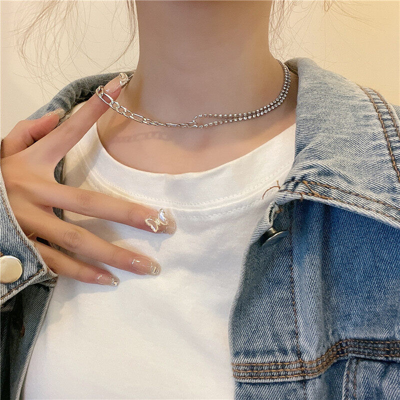 17MILE Hot Gothic Multi-Layer Thick Chunky Chain Butterfly Necklace Women Silver Color Rhinestone Pendant Necklaces Metal Hollow Heart Choker Necklaces Party Aesthetic Jewelry