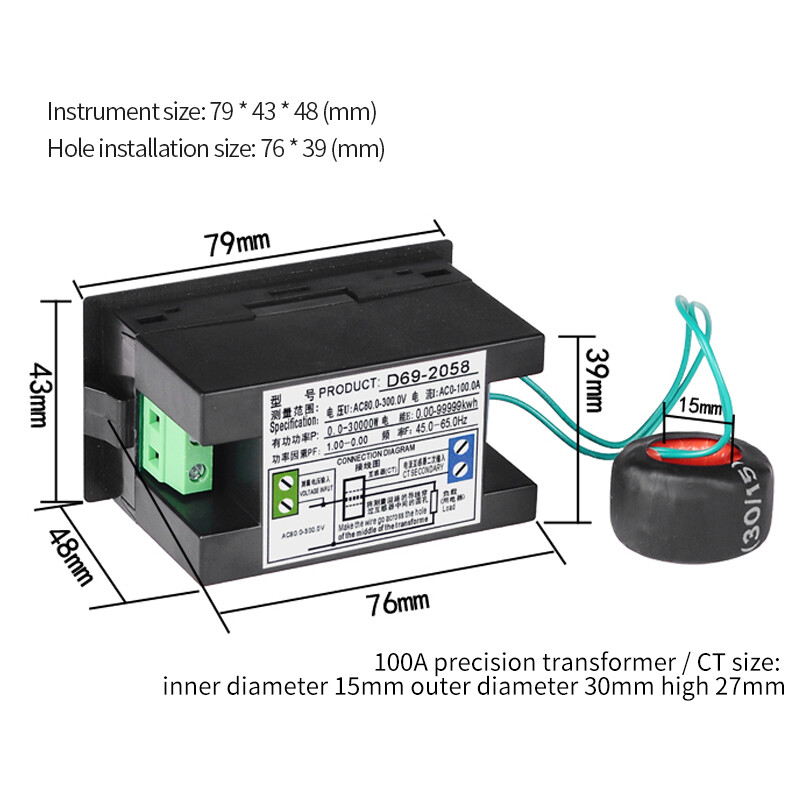 D69-2058 Voltmeter Current Power Factor Active KWH Electric Energy Frequency Meter Digital LCD VOLT AMP CT Digital MULTIMETER