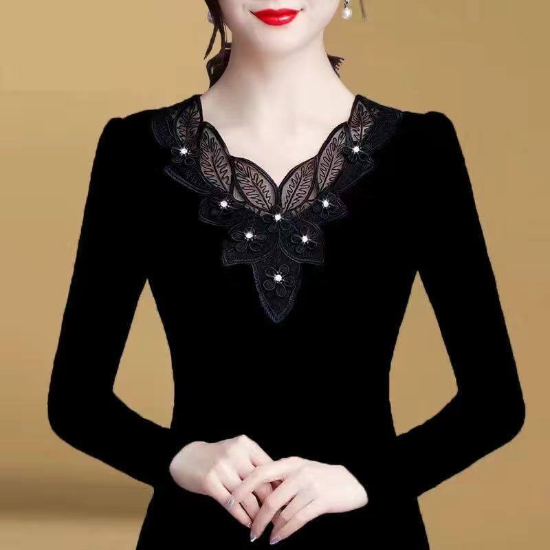 Women Black Mesh Bottoming Shirt Long-sleeved Top