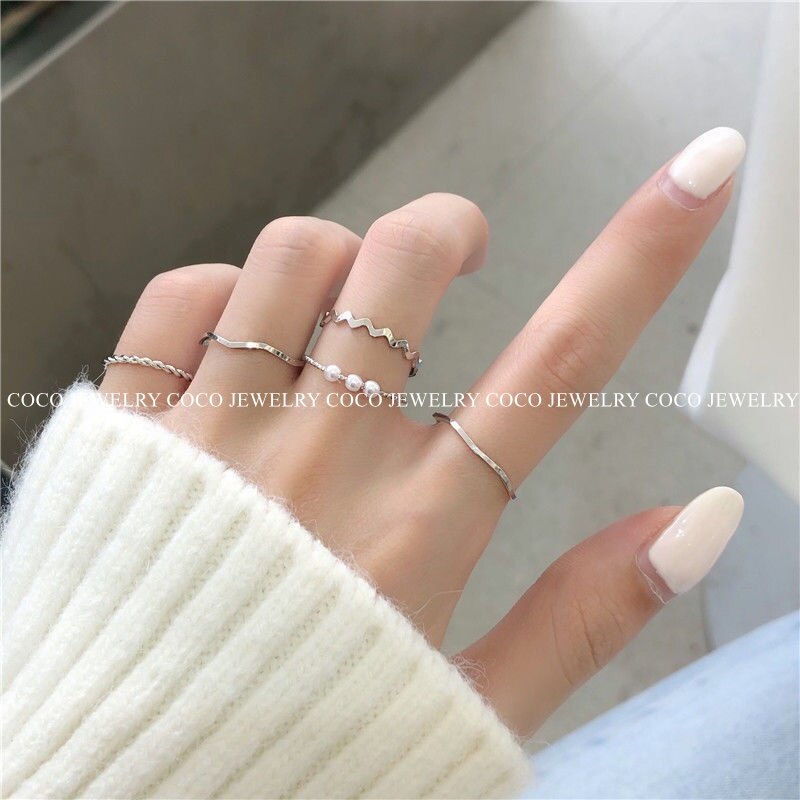 COCOJEWELRY 5pcs/set Simple Geometric Shape Pearl Rings for Women Korean Ins Personalized Index Finger Ring