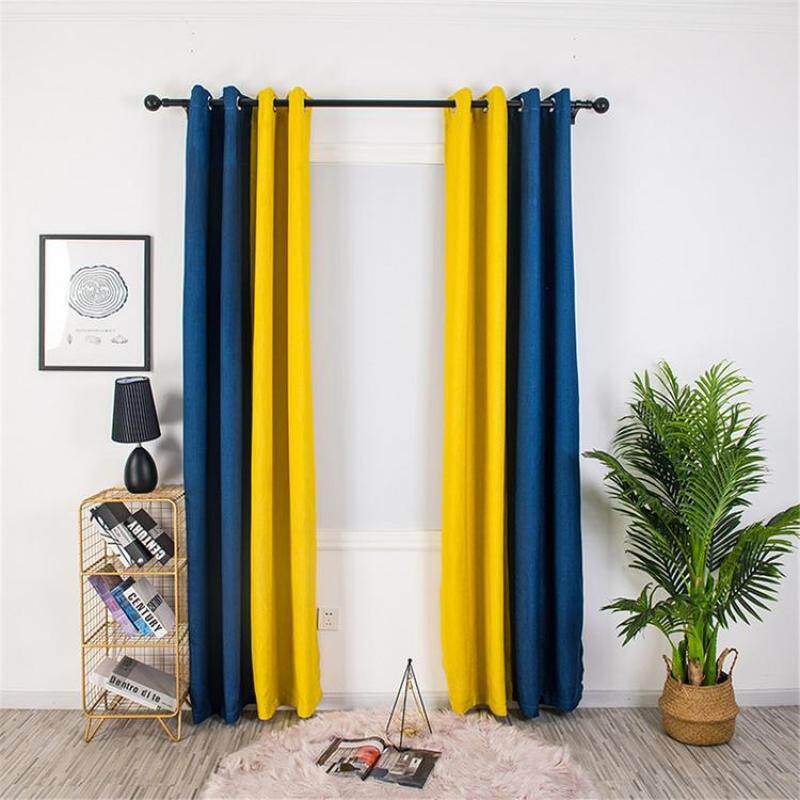 KL Fashionable Curtains Two-color Linen Curtains Thermal Insulation Polyester Spliced Curtains with Grommet for Living Room Kitchen Bedroom