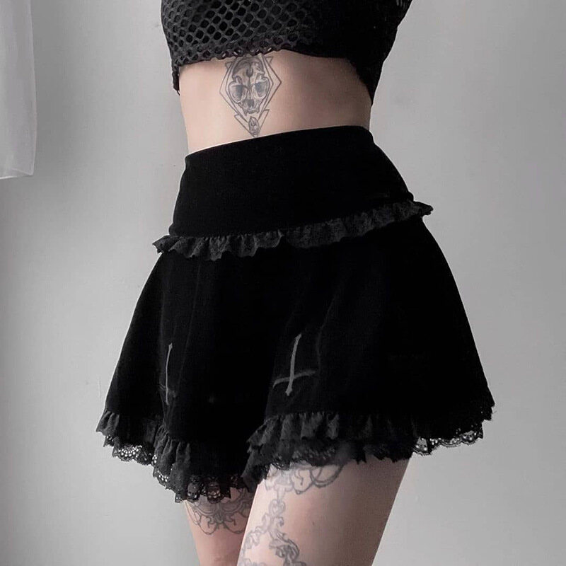 2021 Gothic Cross Black Skirt Vintage Lace Trim A Line Mini Skirt Y2K Aesthetic High Waist Ruffle Skirt Women Summer Clothes