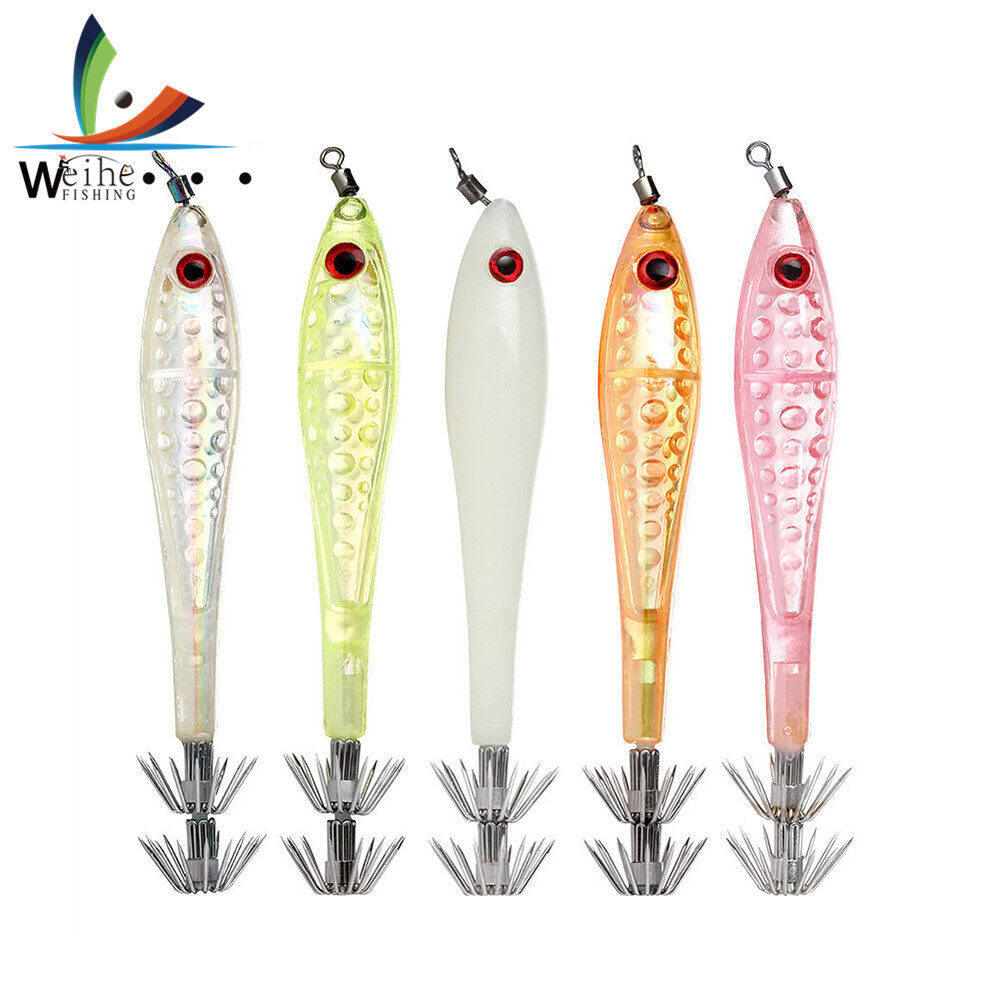Weihe 5pcs/lot Luminous Squid Hook Lures 5 Colors Hard Plastic Noctilucent Shrimp Baits