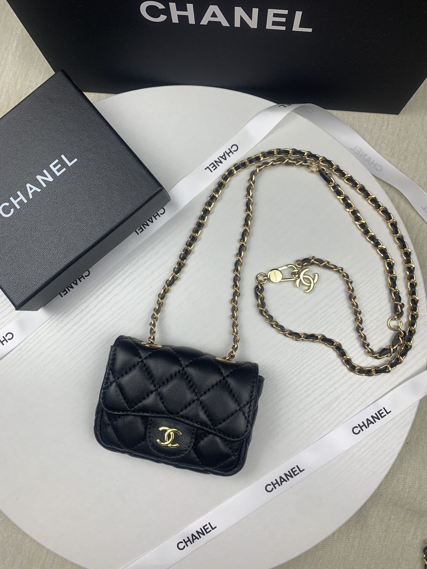 aprococo  CHANEL BLACK leather mini 255 flap bag necklace w chainstrap