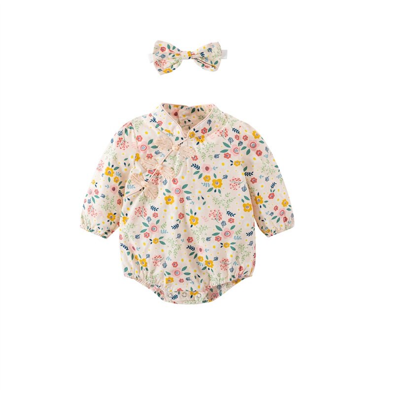 Newborn Baby Girls Cheongsam Romper Floral Print Long Sleeve Infants Jumpsuit +Headband