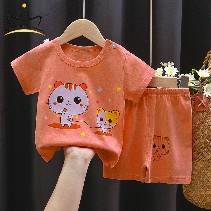 2Pcs/Set T-Shirt+Pants Cute Cartoon Bear Cat Baby Boys Clothes Soft Cotton Short Sleeve Boy Sets  Summer Baby Clothing Set