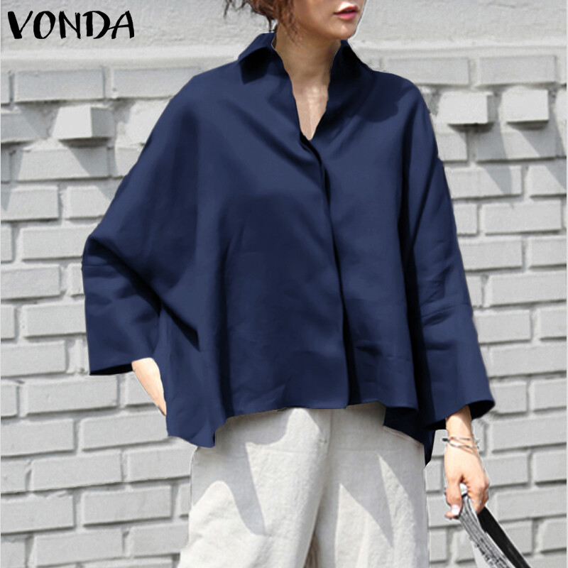 VONDA Womens Long Sleeve Casual Plain Blouse Office OL Shirt Plus Size Basic Tops Tee