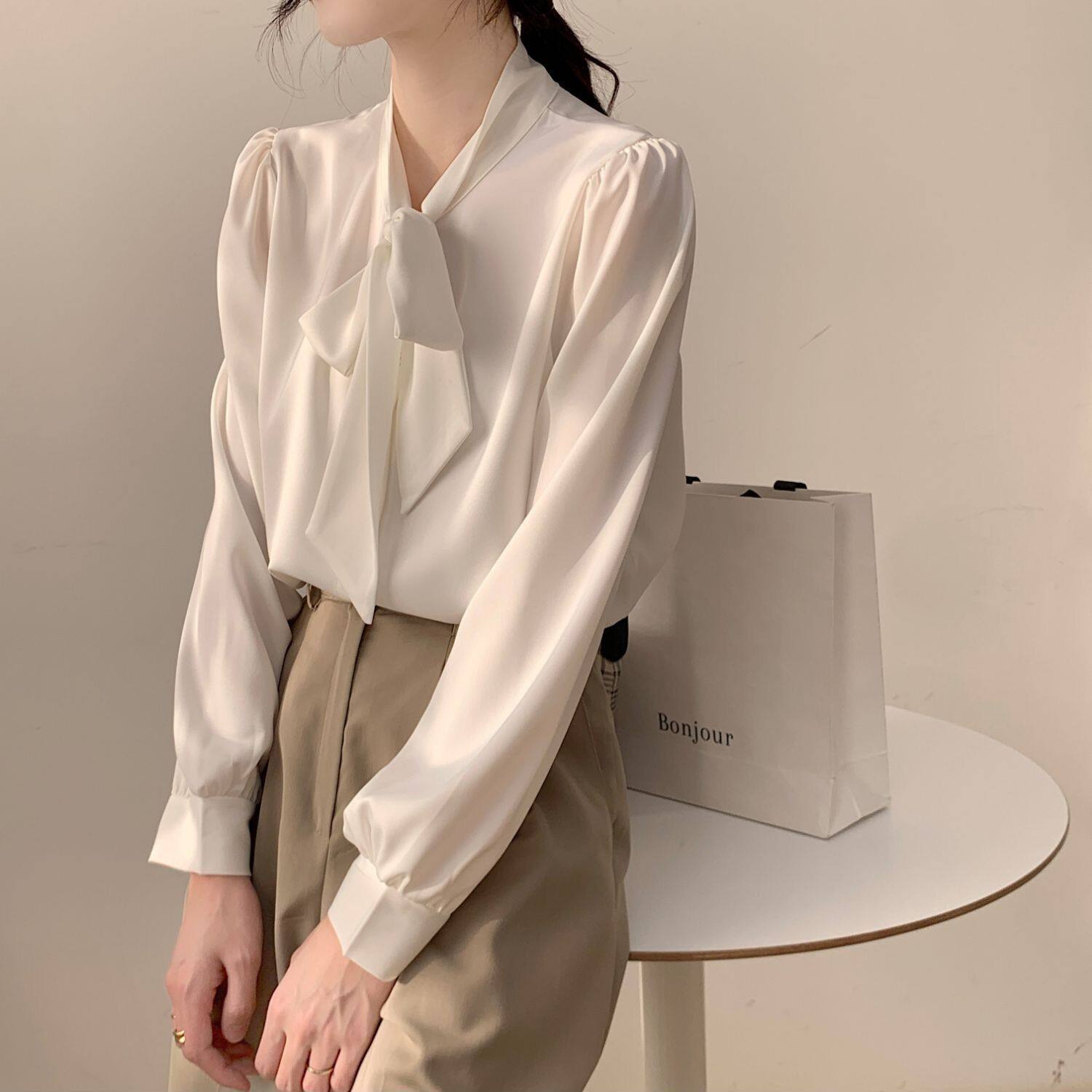 Bowknot Shirt Women's Long-sleeved Chiffon Tops