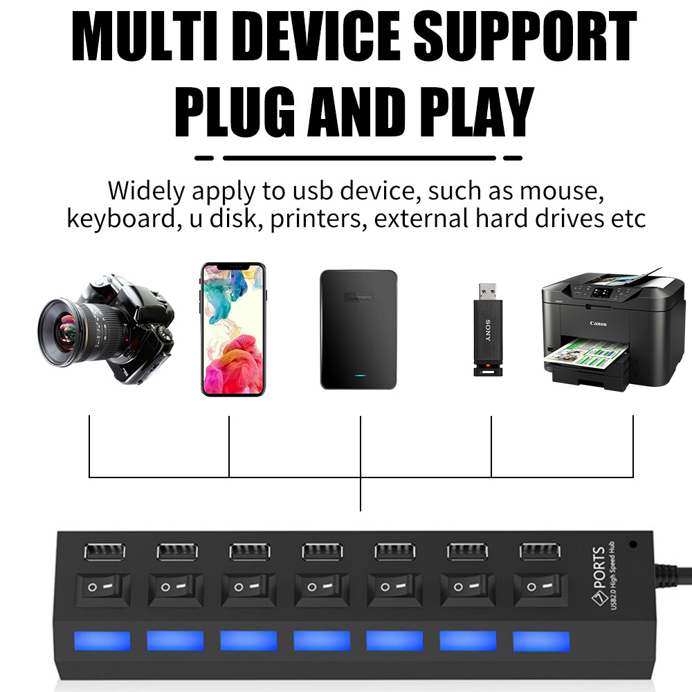 BOKEWU USB 2.0 HUB Multi USB HUB Splitter 4/7 Ports Multiple Expander USB Adapter with Switch for PC Laptop