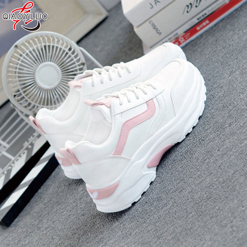 QiaoYiLuo new fashion shoes women White shoes female white leather breathable sport shoes female thick shoes women's sport shoes female casual shoes all match