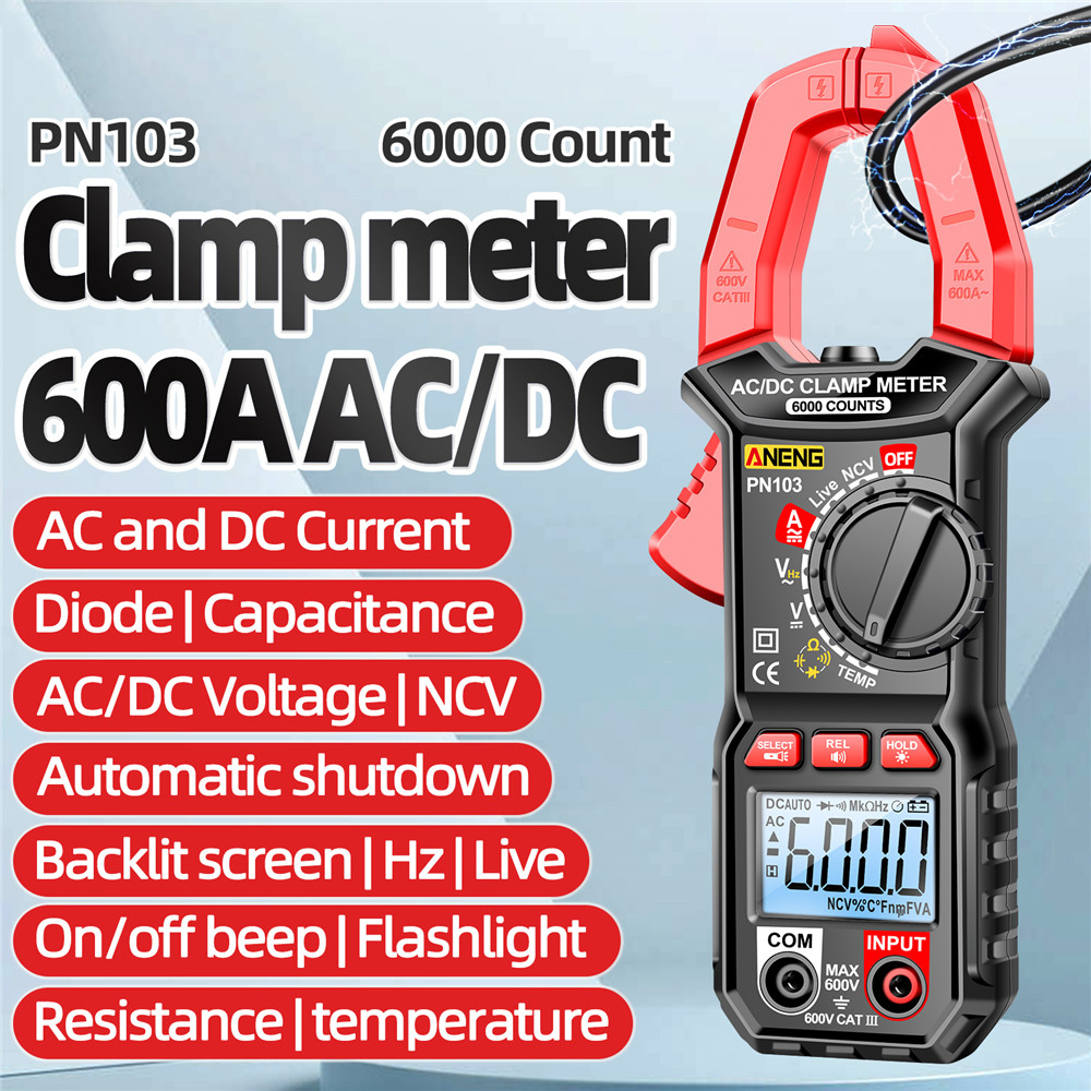 diymore PN103 6000 Đo lưu lượng/nhiệt độ tối đa 600A AC/DC Dụng cụ kẹp kỹ thuật số Khoảng cách tự động TRMS AC/DC Điện áp/dòng điện liên tục Tần số Điện dung NCVT Nhiệt độ