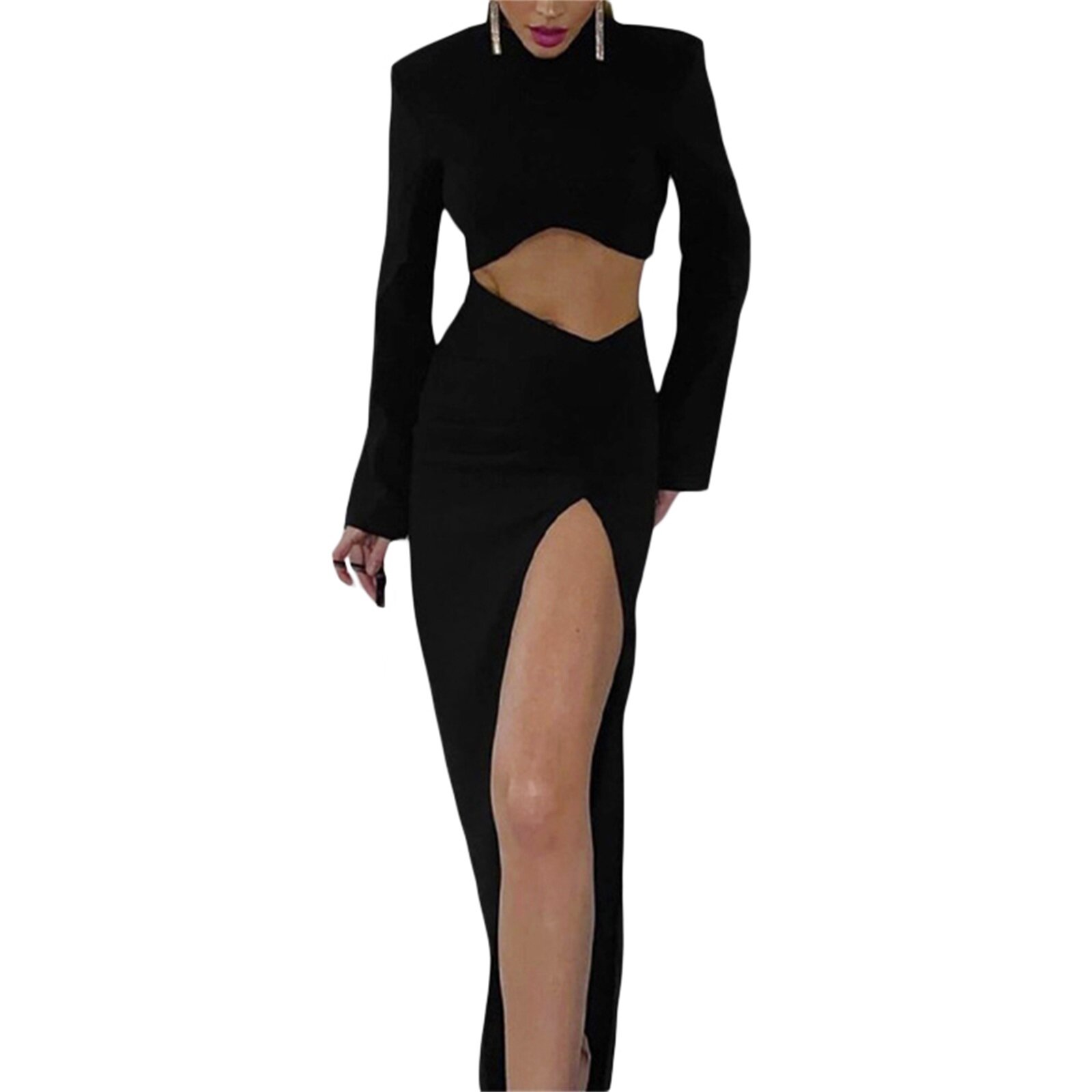 Charming Women Skirt Set, High Neck Long Sleeve Solid Color Crop Tops High Waist Split Ankle Long Skirt, Women Clothing