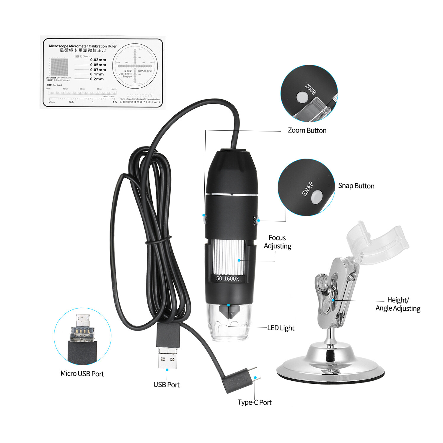 Cảm biến thông minh 1600x USB thu phóng kỹ thuật số kính hiển vi phóng to với chức năng OTG 8-Đèn LED kính lúp độ phóng đại với đứng
