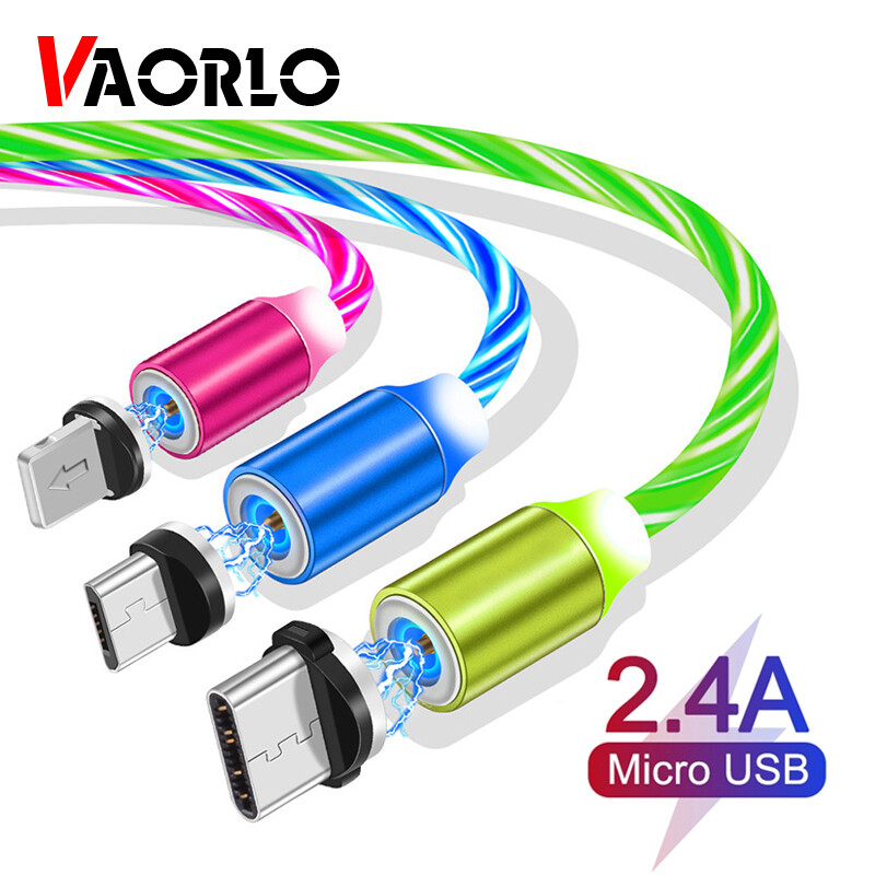 VAORLO【3 IN 1】LED Magnetic Fast Charging Cable 2.4A Flowing Luminous Charge Cable Micro USB Type-C IOS Lightning For iPhone Samaung Huawei Xiaomi OPPO VIVO Charger Universal 【High Quality】