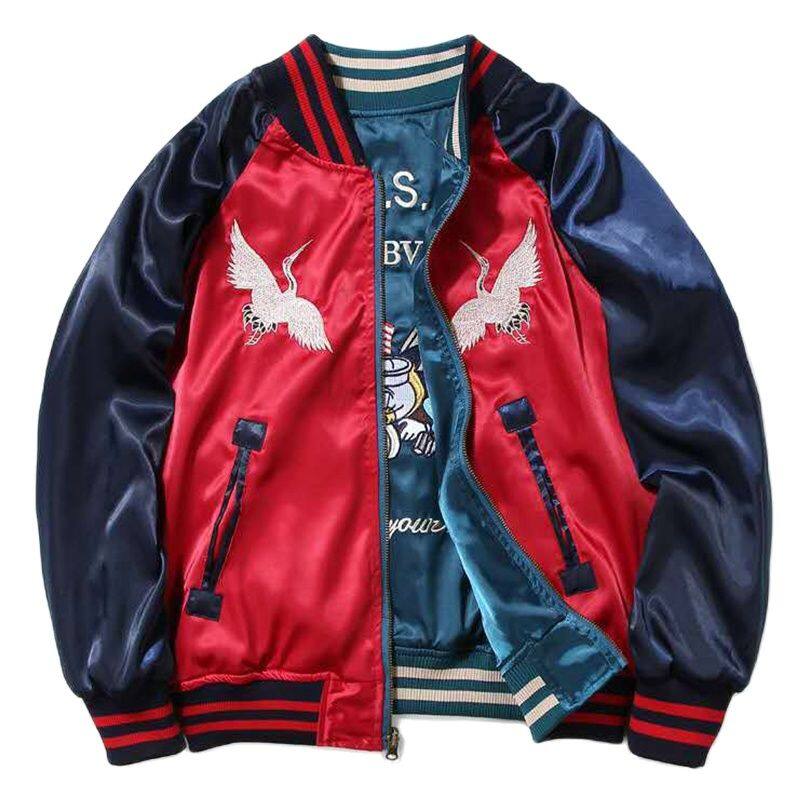 Lesvago Double-Sided Sukajan Baseball Jacket Men Satin Yokosuka Bomber Jackets Embroidery MA1 Coat Hip Hop Male Streetwear Autumn 2024