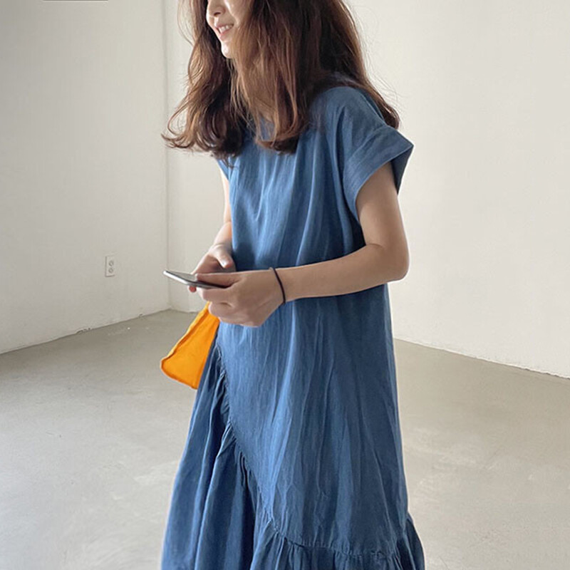 韩版NUOVPAUL别致复古圆领宽松休闲设计中长款下摆不规则荷叶边连衣裙
