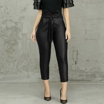 high waisted belted leather pants