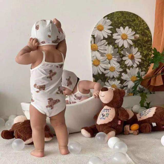 Newborn Infant Baby Sleeveless Cotton Swimsuit Summer New Toddler Boy And Girl Cartoon Bear Pattern Cute Children's Swimsuit