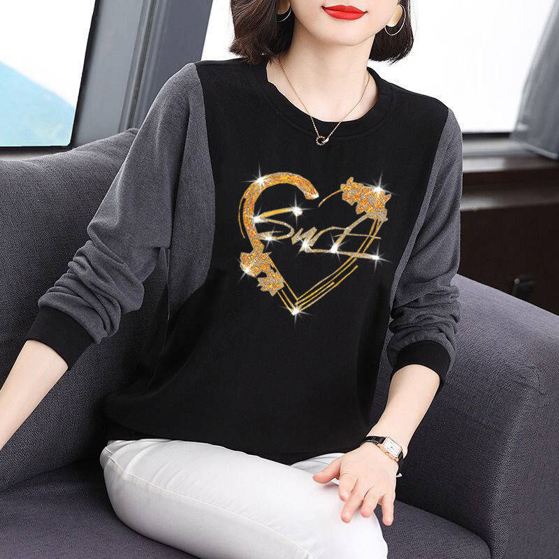 Autumn Small Shirt Women's Western Style Thin Middle-aged and Elderly Stitching Fashion Bottoming Shirt Autumn Long-sleeved Diamond Top