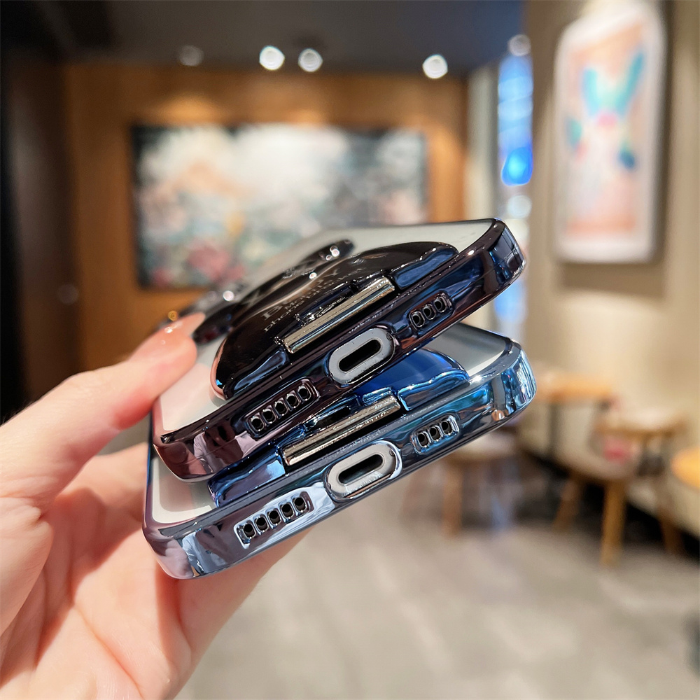 Cute Cartoon Bear Electroplating Bracket Phone Case for IPhone 11 12 13 Pro Max 7 8 Plus SE 2 Case Xr Xs Max Luxury Transparent Electroplated Frame Phone Case