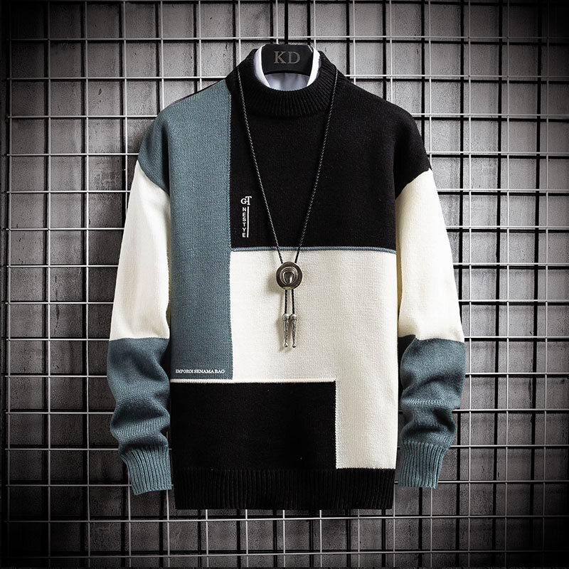 BULUOLANDI Sweater Men Autumn Winter New Style Fashion Color Matching Half High Neck Knitted Men Sweater