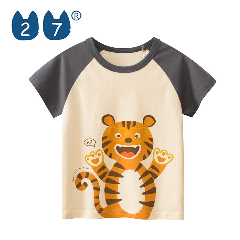 27kids children's short sleeved T-shirt summer Korean version children's clothing 2024 new product cartoon animal pattern lion elephant tiger giraffe baby clothing girl baby T-shirt cute pure cotton free clothes