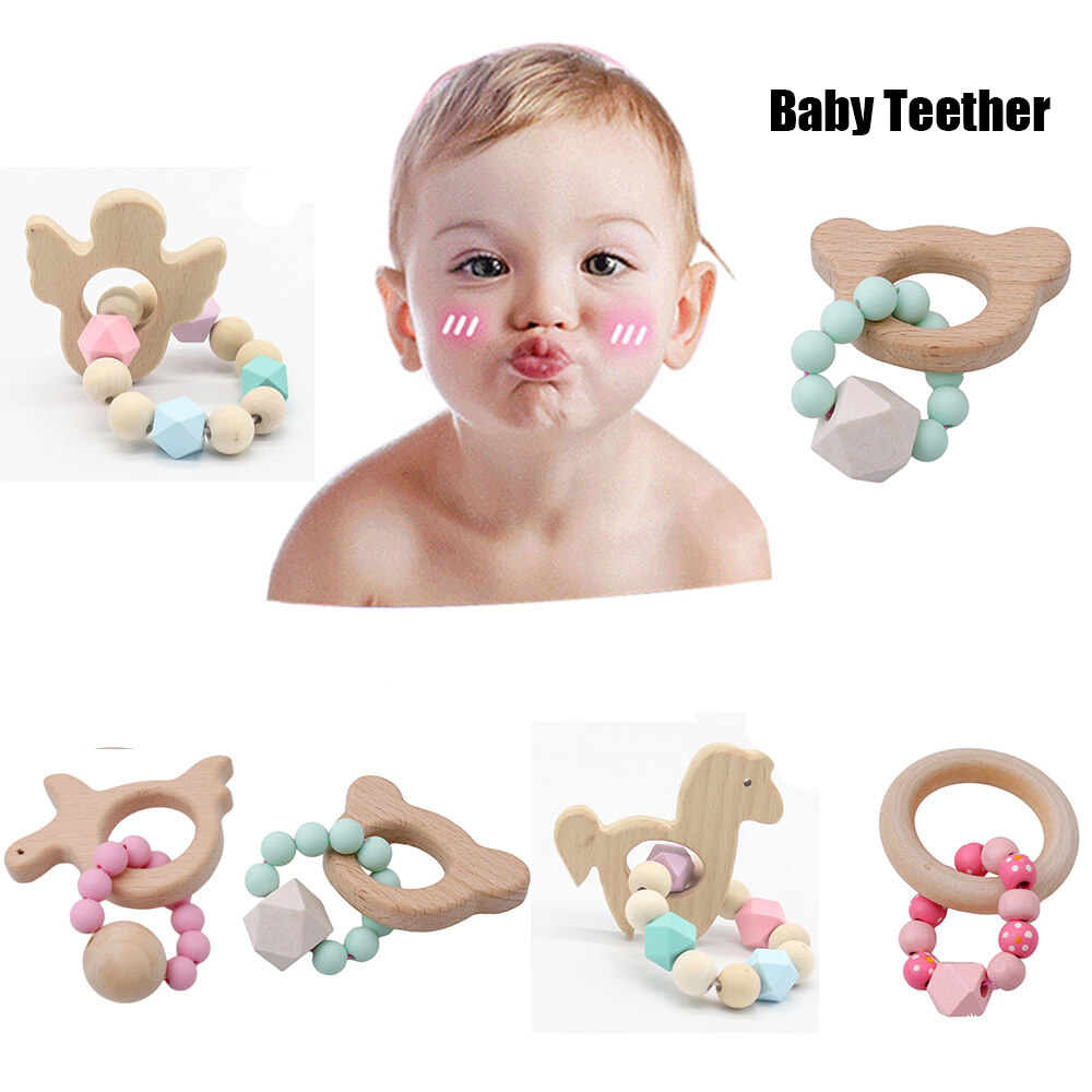 Animal Rattles Baby Teething Ring Teether Bracelets Wooden Teething toys