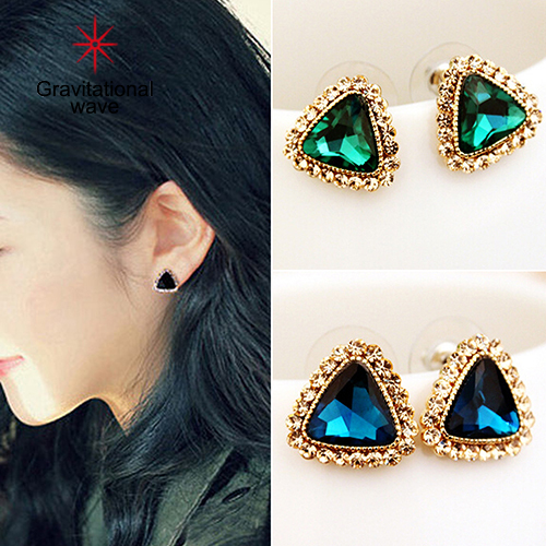 Gravitational wave Women's Fashion Party Jewelry Triangle Crystal Golden Tone Ear Studs Earrings