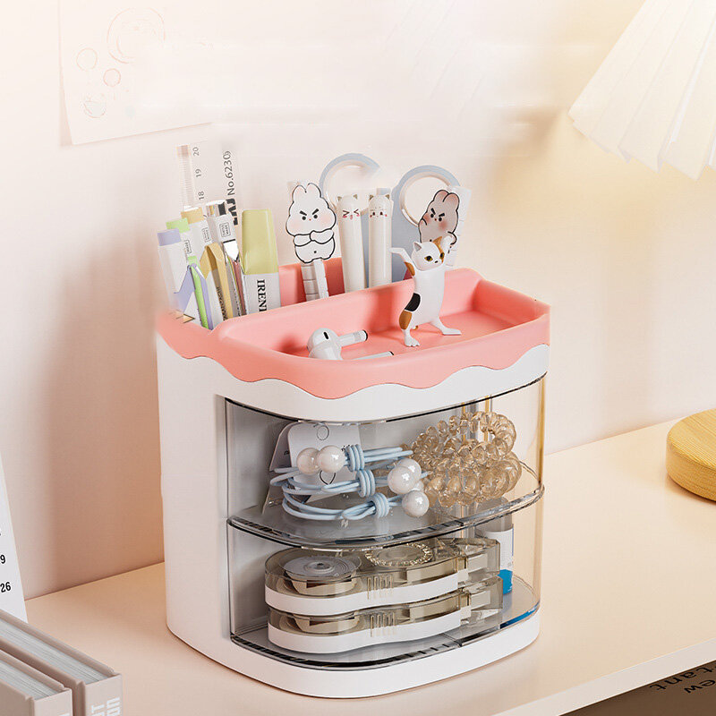 Creative Cartoon Multi grid Drawer Penholder Student Cornetto Function Box with Grid Storage Box Girl Heart Desktop Stationery Box
