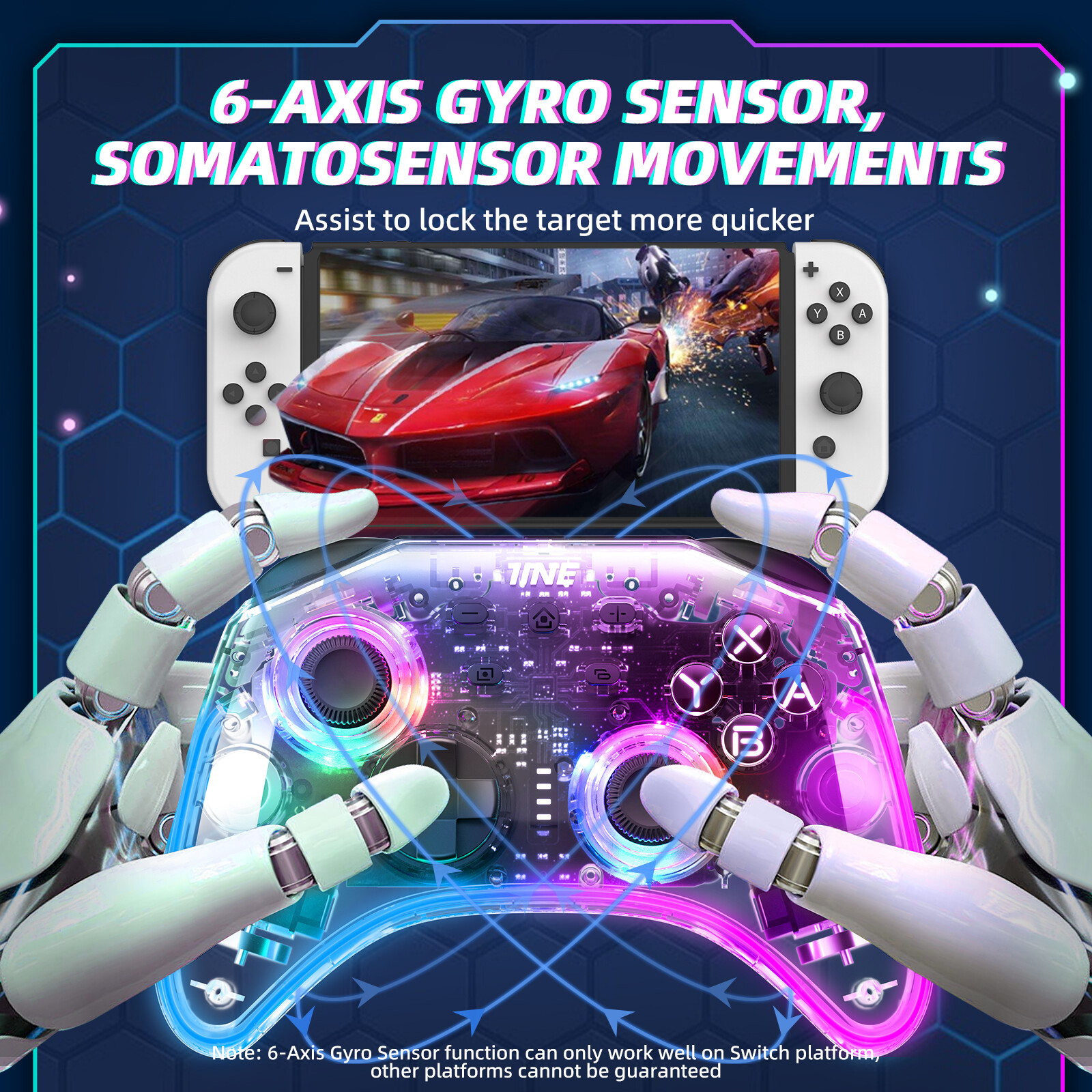 IINE Ares Transparent Wireless Controller with Headset Jack RGB Light compatible Nintendo Switch Steam