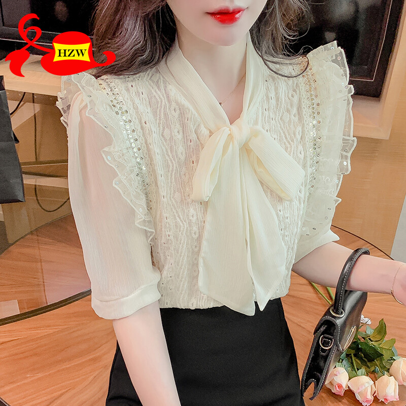 Hzm 2023 summer new bubble sleeve lace shirt women's lace up v-neck ruffle panel top