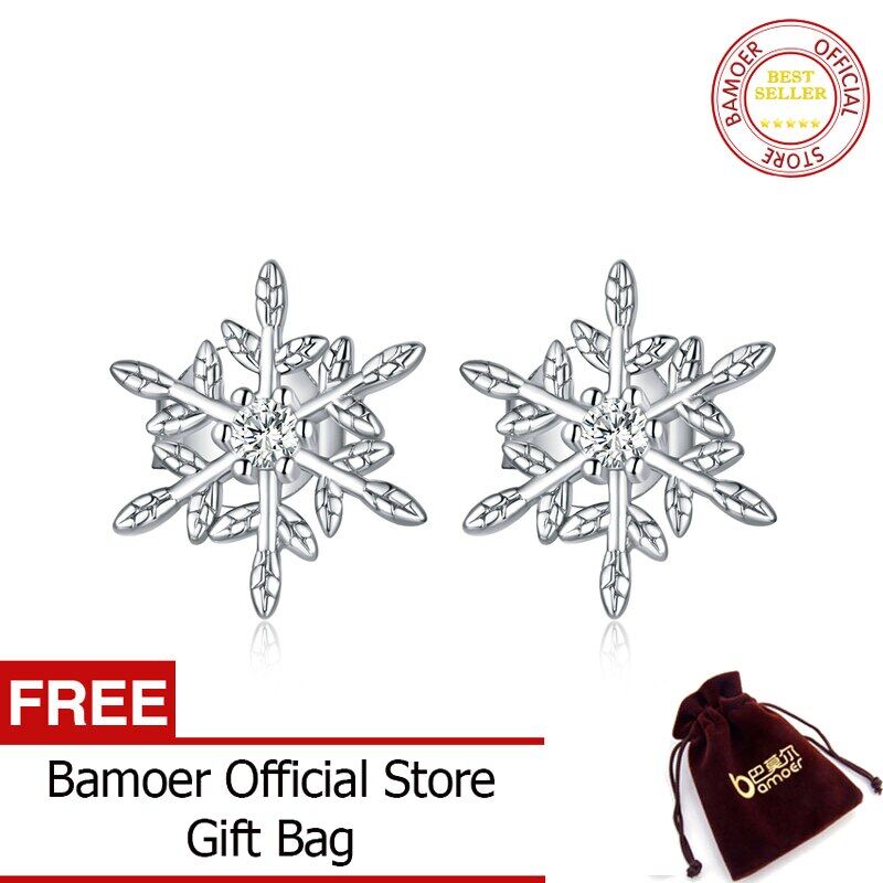 BAMOER Authentic 925 Sterling Silver Romantic Snowflakes Earrings for Women Korean Style Fine Jewelry BSE424