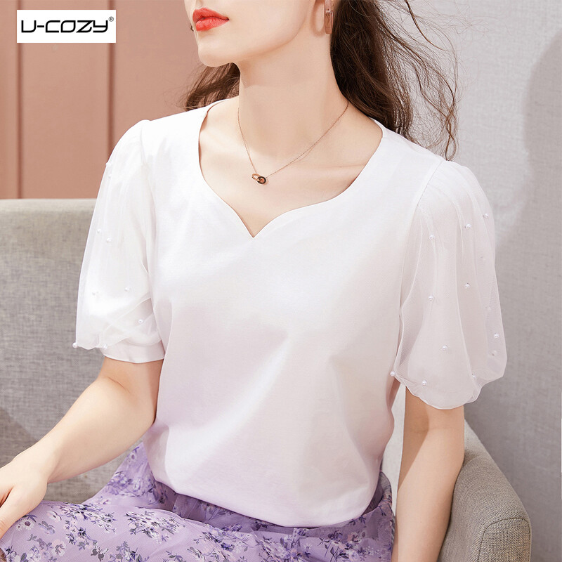 Fashion Bead Round-neck Cotton T-Shirts Women Plain Puff sleeve Tops
