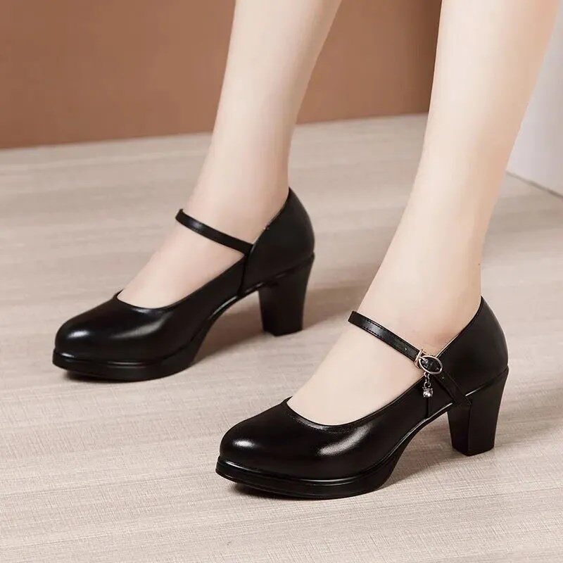 Women's shoes High heels Women's Korean black leather shoes Work shoes Women's thick soled sponge cake shoes Soft dance Velcro shoes Women's work shoes 7cm 35-41