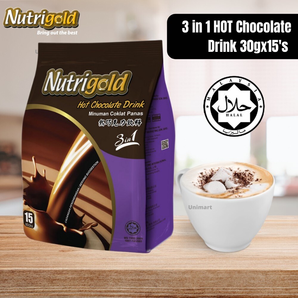 [HALAL] Nutrigold 3 in 1 Chocolate Drinks (30g x 15's) Hot Malt Milk