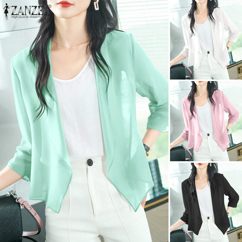 Zanzea phong cách Hàn Quốc Phụ nữ quan hệ nhân quả không thường xuyên Áo khoác chiffon đi làm 3/4 Tay áo Áo cardigan màu trơn #11