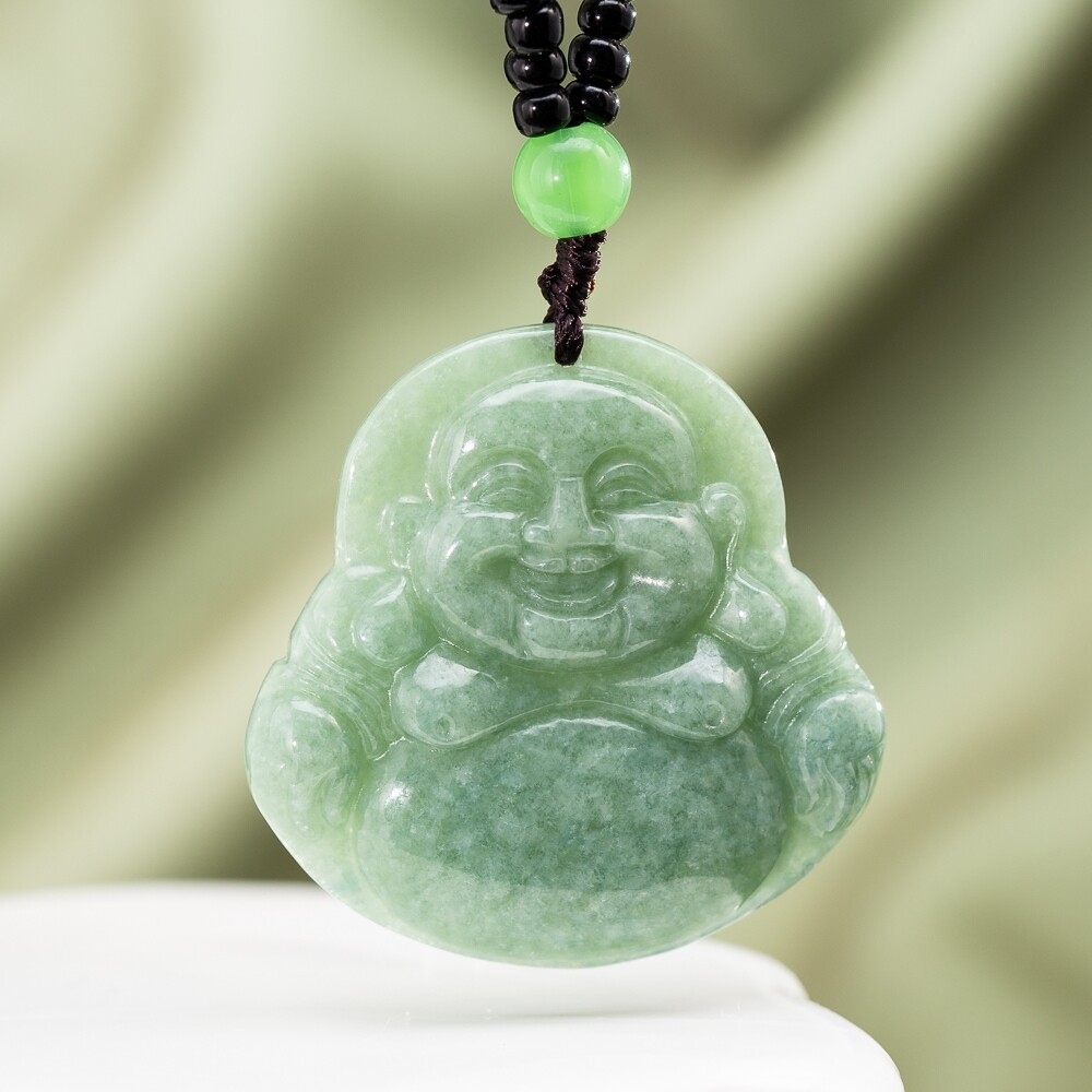 TIMESWIND Natural Burmese Jade Bean Green Maitreya Buddha Pendant with Certificate Men Y1N
