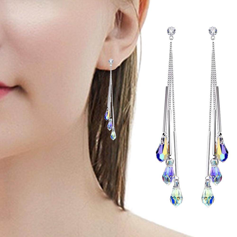 Women Fashion Faux Crystal Long Tassel Earrings Statement Bridal Wedding Jewelry