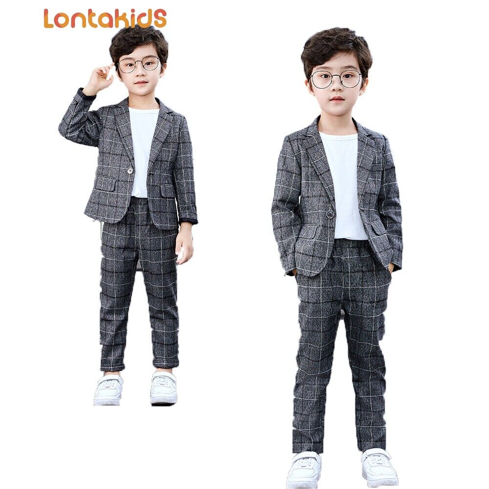 lontakids 2Pcs (Blazer +Trousers ) / 3Pcs (Blazer +Trousers+White T-shirt ) Boys Gentleman Plaid Suit Kids Gray Formal Wear Children Jacket Pants T-shirt Clothes Party Sets for 3-11 Years