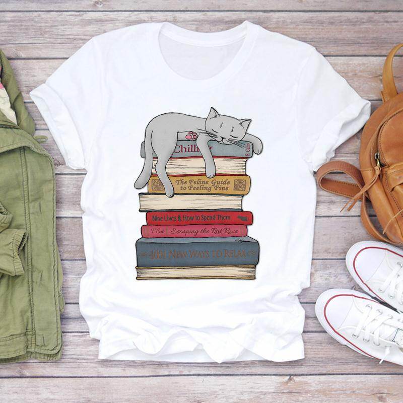 Women's Print Tee Top Cat Books Funny Cute Lovely Style Summer Fashion Woman Female T Clothing Short Sleeve Graphic T-shirts