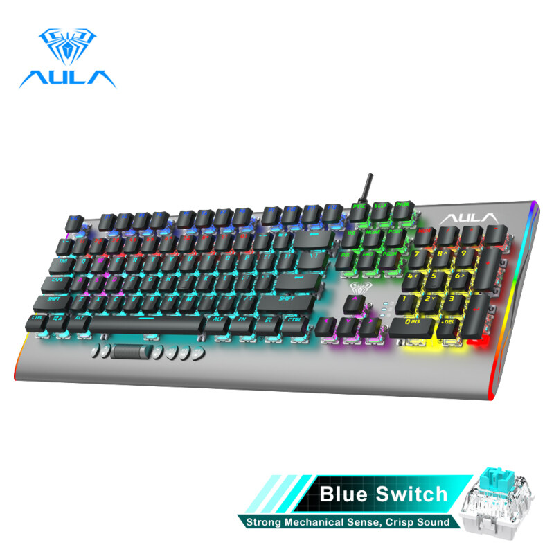 YFD AULA F2099 Wired Mechanical Gaming Keyboard Crystal Switch Multimedia Button, Full Keys Anti-ghosting Marco Programming Metal Panel Wired LED Backlit Keyboard for PC Gamer Singapore