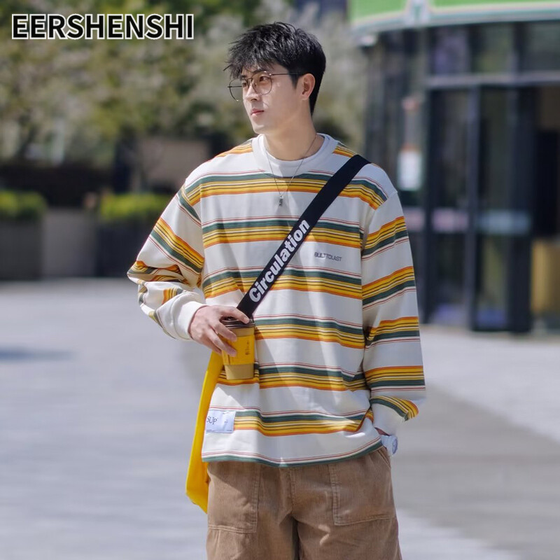 EERSHENSHI | Người đàn ông vòng cổ áo thun trùm đầu sọc cổ điển sọc mỏng áo thun