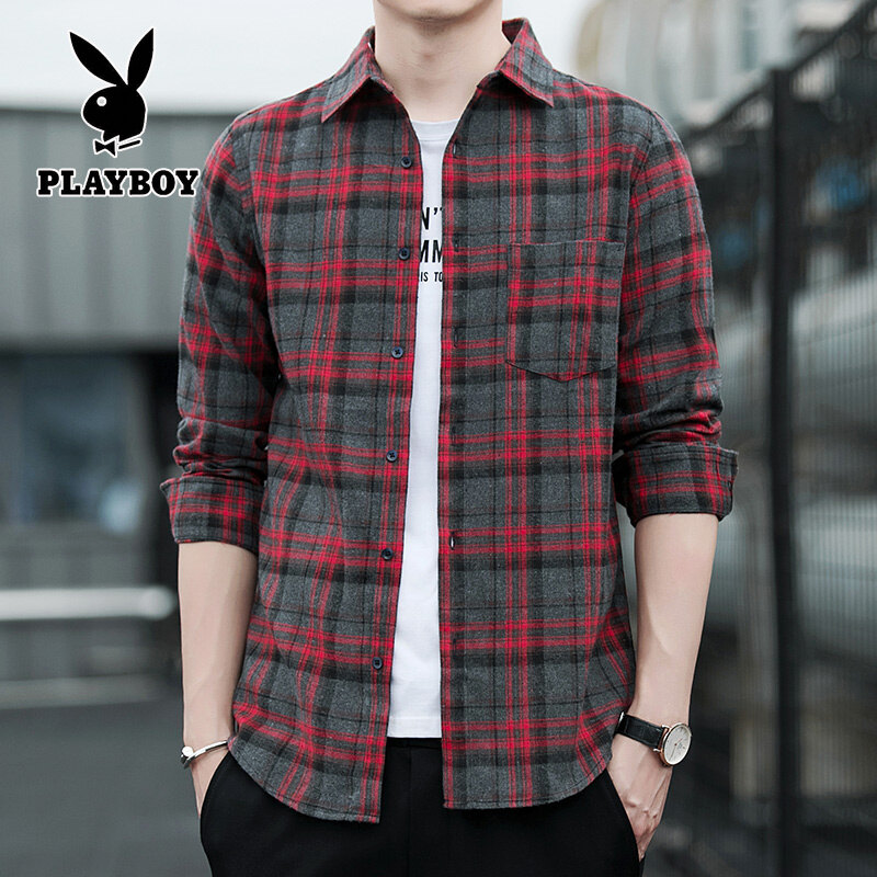 PLAYBOY New Men's Plaid Shirt Casual Shirt