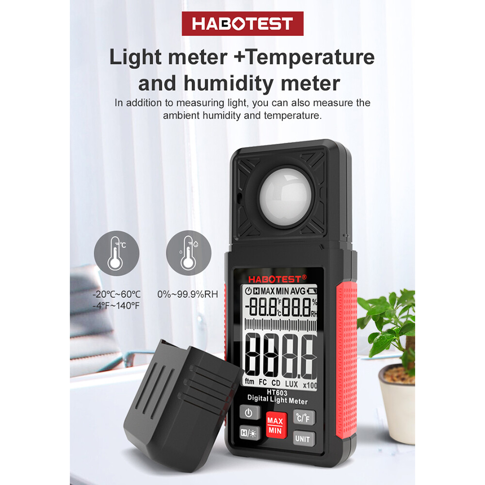 HABOTEST HT603 Digital Lux Meter Light Meter 200,000 Lux Digital Illuminance Meter with LCD Backlight Display Ambient Humidity and Temperature Meter
